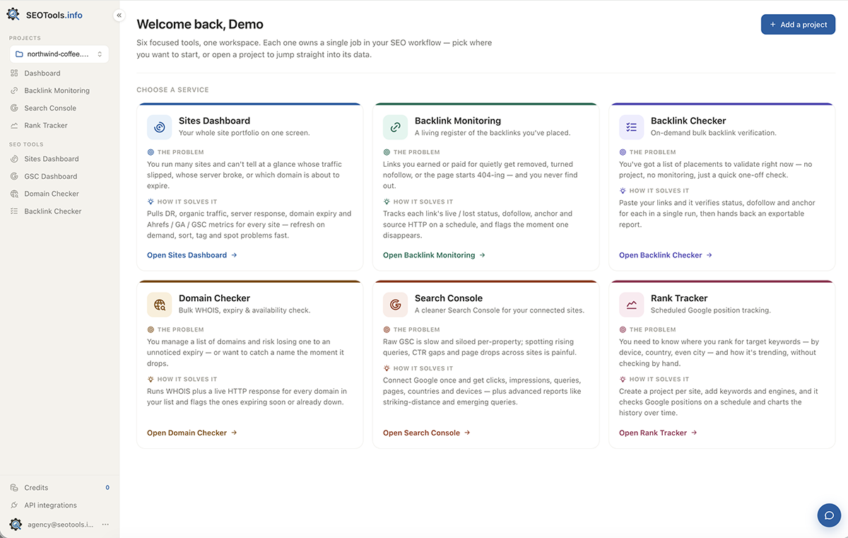 SEOTools.info dashboard — all your SEO monitoring in one panel
