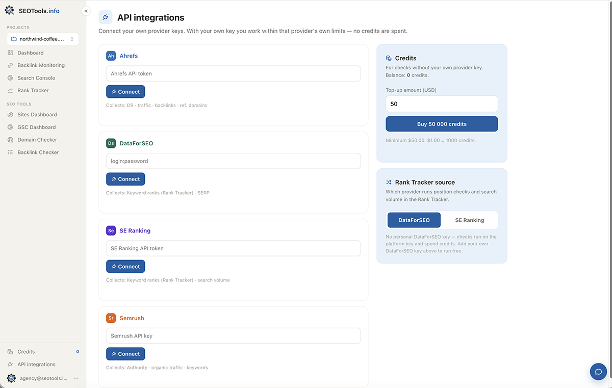 SEOTools.info — settings and integrations
